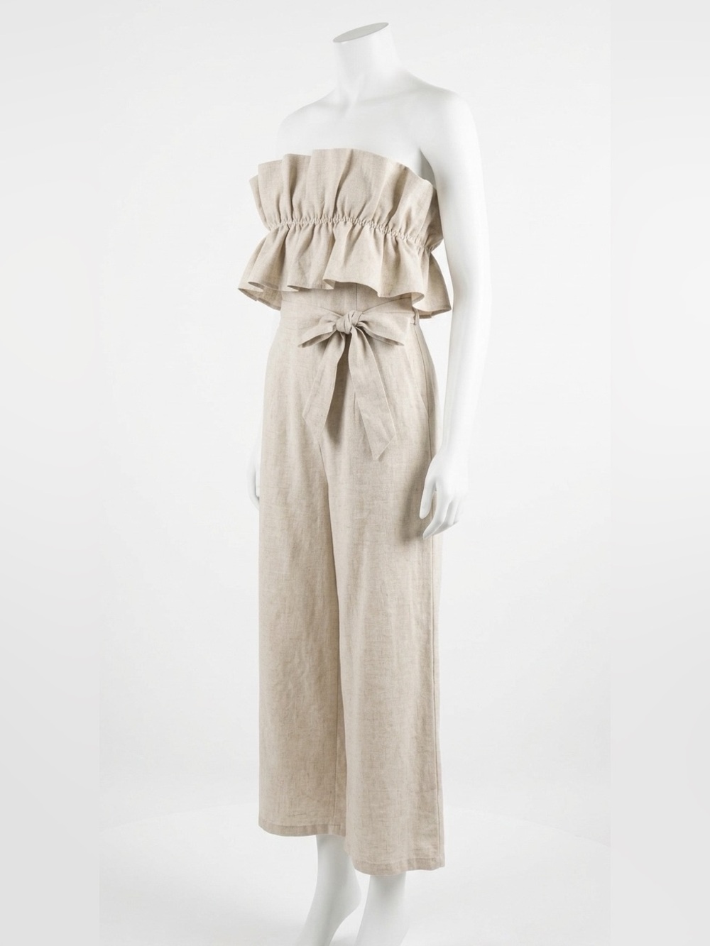 Saints + Secrets Anthropologie Linen Strapless Wide-Leg Jumpsuit with Tie Waist